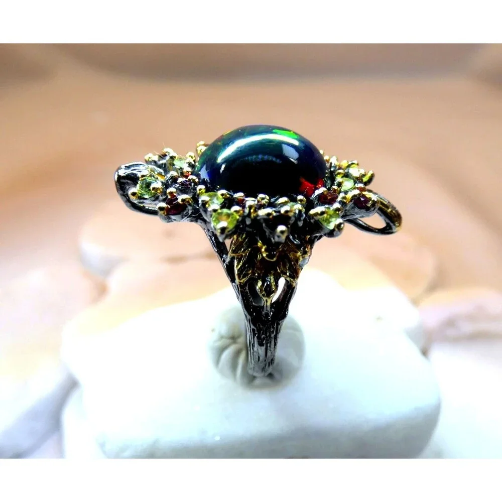 Natural Large 6 CT Black Opal-Rubies-Emeralds Sterling Silver Ring Size 7.75